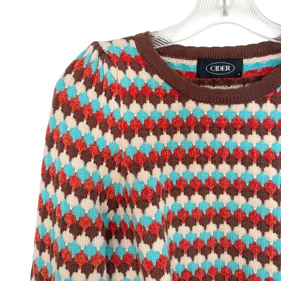 Cider 70s Retro Knit Pattern Cropped Bell Sleeve Sweater - Picture 8 of 9